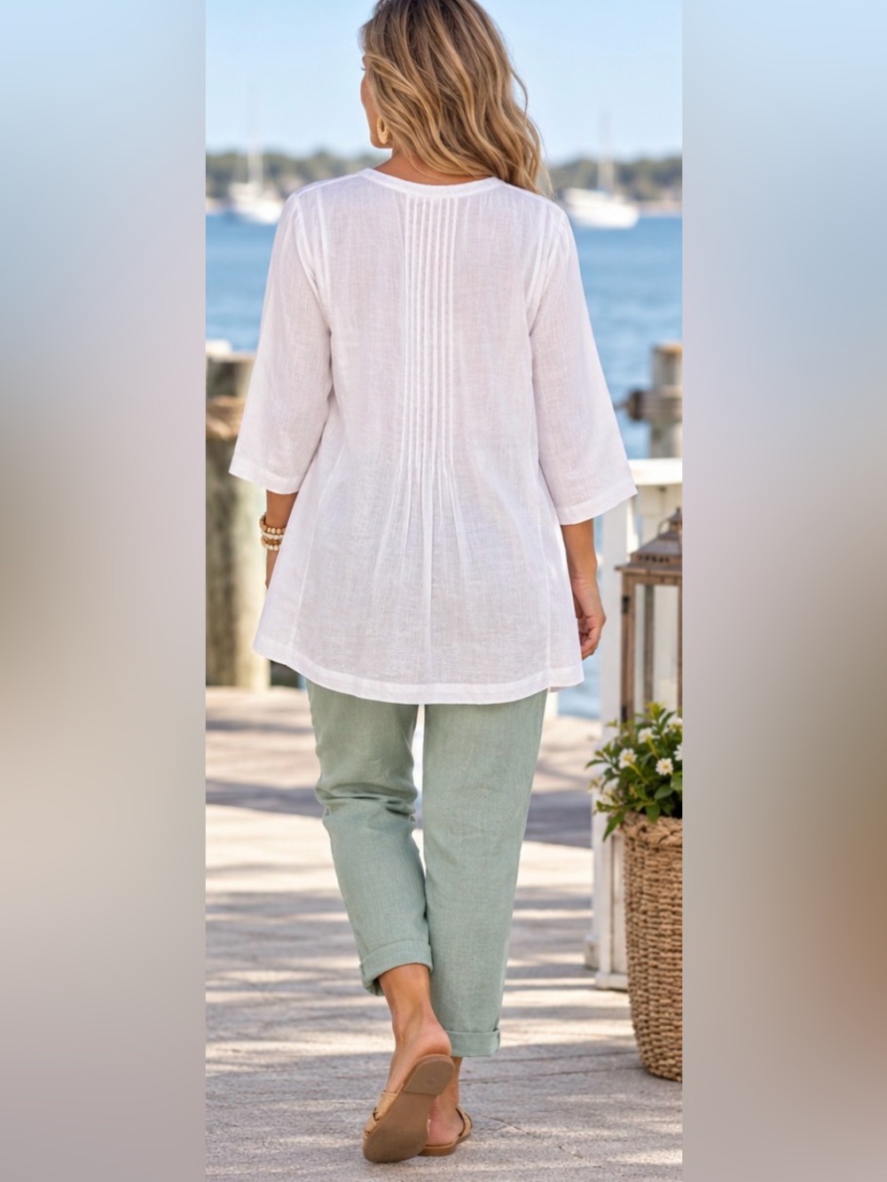 Charter Club Luxury 100% Linen White Pintuck Tunic Blouse Size L Coastal - Picture 3 of 10